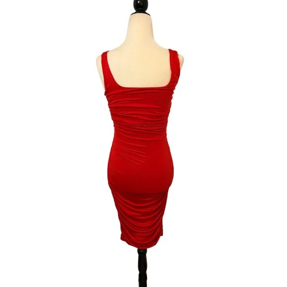 NEW Red Small Ruched Smal Body-con Midi Dress Scoop Neck Sleeveless‎ - Picture 6 of 7